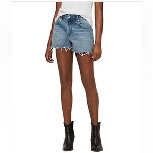 All Saints Lexi Blue Jean Shorts with Frayed Hem and Relaxed Fit